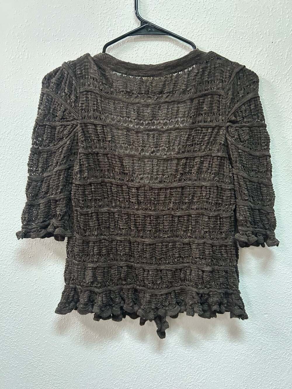 Natural Life Brown Crochet Knit Cardigan with Ruffled Hem and Flower Buttons - Picture 4 of 5